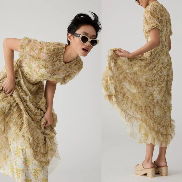 Anthropologie Mac Duggal Womens Size‎ 12 Yellow Floral Print Ruffle Midi Dress - Picture 4 of 4